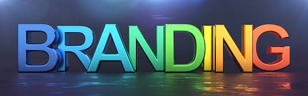 The word branding in shiny, multi-colored letters, symbolizing brand identity.