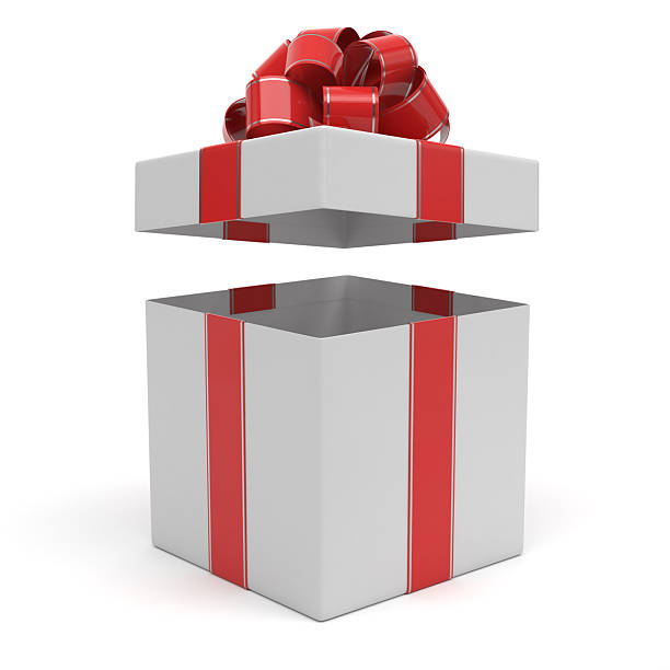 istock Open white gift box with a red ribbon and bow, ready to reveal a surprise 2233512604