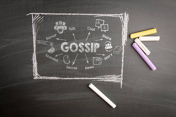 istock Hand-drawn chalkboard infographic explaining gossip with related ideas such as Rumor Secret Scandal  and talk using white chalk and colorful sticks 2233514144