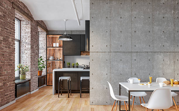 istock Modern industrial-style kitchen interior, brick walls, beige and black cabinets, large windows, kitchen island with stools and dining area in front of a concrete tiled wall, decoration on hardwood floor 2233514288