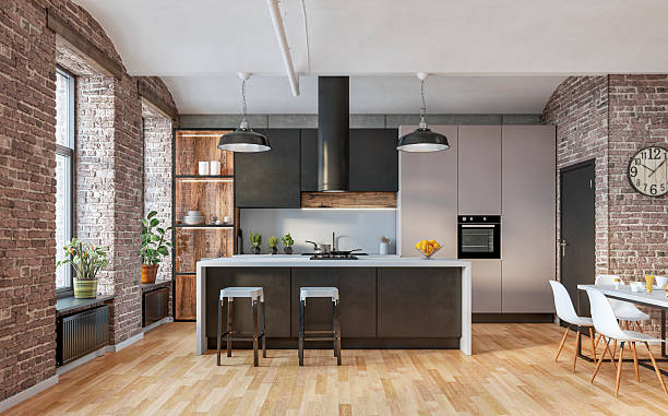 istock Modern industrial-style kitchen interior, brick walls, beige and black cabinets, large windows, kitchen island with stools and dining area, decoration on hardwood floor 2233514297