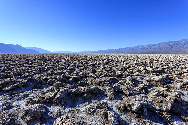 View of Devil’s Golf Course in Death Valley National Park, California, United States. The area is covered with large salt formations that create a rugged and otherworldly landscape.