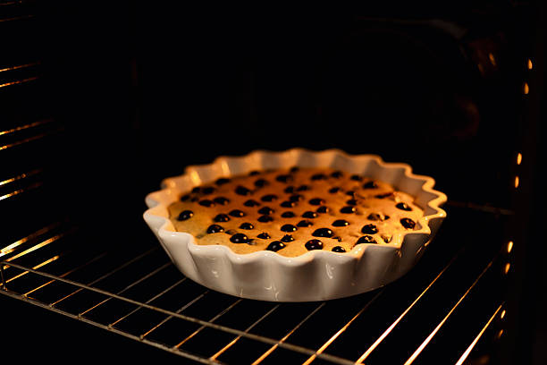 Homemade blueberry pie baking in the oven in a white ceramic dish. Close-up of the delicious dessert preparation process with warm light and golden crust.