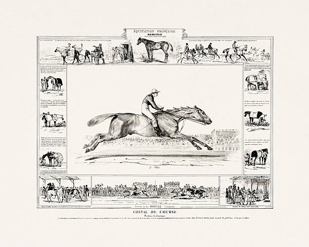 Antique horse illustration from Paris, 1833. Historical scenes of riders and horses in classical style engravings.