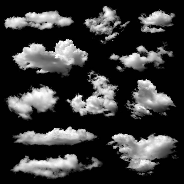 istock Multiple white fluffy clouds isolated on black background, abstract sky collection symbolizing weather, climate, freedom, imagination, and dream, perfect for design, advertising, and creative projects 2233524796