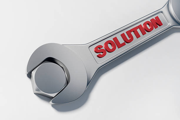 Silver steel gray wrench with the red colored word solution clasping a bolt - 3D illustration