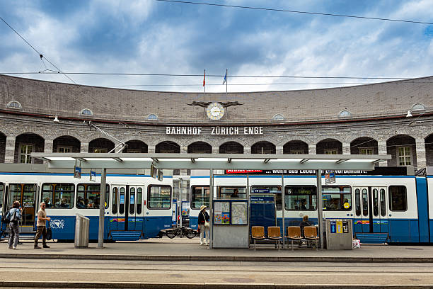 Zurich, Switzerland, August 26, 2025. Enge tram and train station exterior view