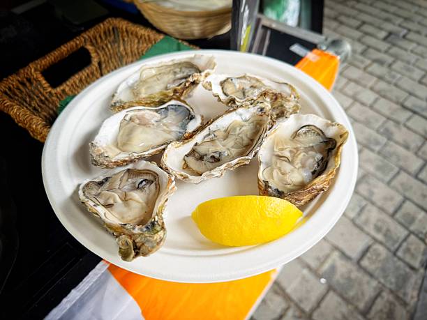 Plate of freshly shucked oysters and lemon wedge