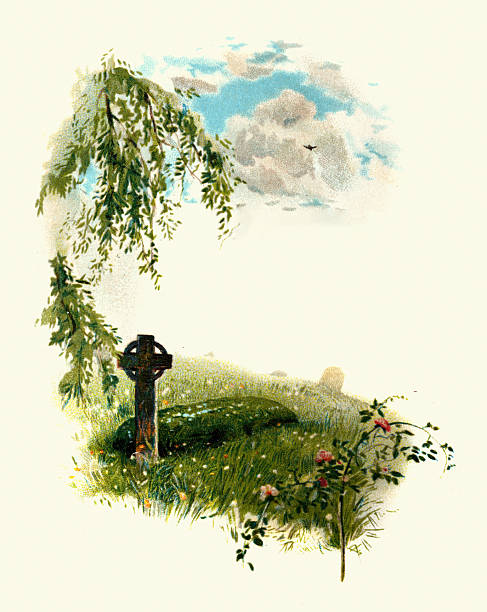 His mother's grave, scene for the Village Blacksmith by Henry W Longfellow poem, Victorian poetry 19th Century