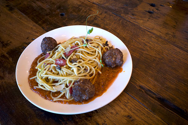 Close-Up of Spanish Albóndigas in Tomato Sauce on a White Plate