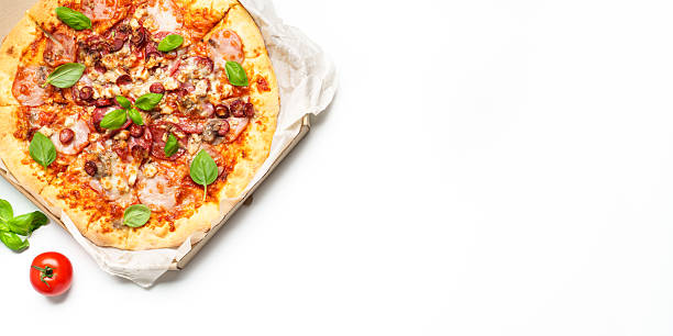 istock Pizza Margarita in a cardboard box on white background. 2233544069