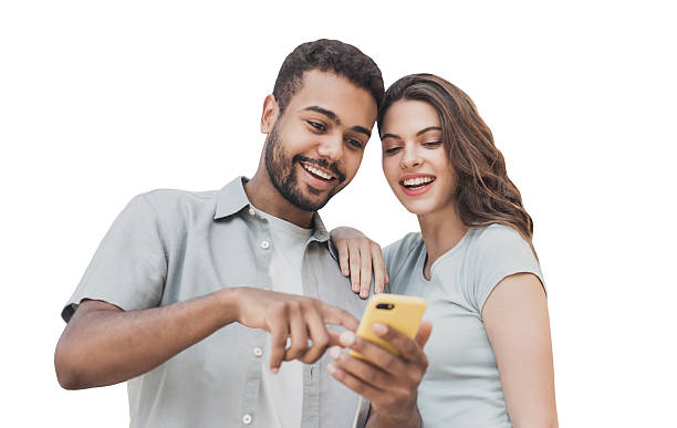 istock Happy couple using smartphone, isolated on white background 2233545653