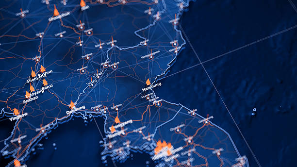 istock Hamhung map big data visualization. Futuristic map infographic of city in North Korea. Visual map data complexity in modern blue and orange colors 2233547099