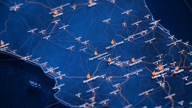 istock Aguascalientes map big data visualization. Futuristic map infographic of city in Mexico. Visual map data complexity in modern blue and orange colors 2233547320