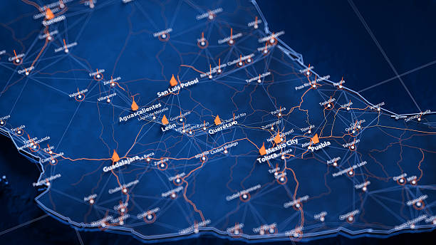 istock Queretaro map big data visualization. Futuristic map infographic of city in Mexico. Visual map data complexity in modern blue and orange colors 2233547387