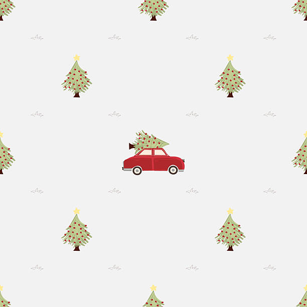 Seamless pattern with red car carrying Christmas tree and decorated trees