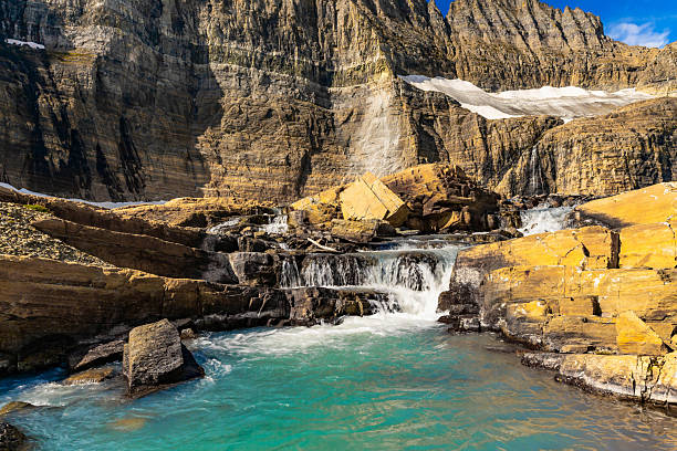 Waterfalls from Grinnell Glacier at Glacier National Park running through Upper Grinnell Lake