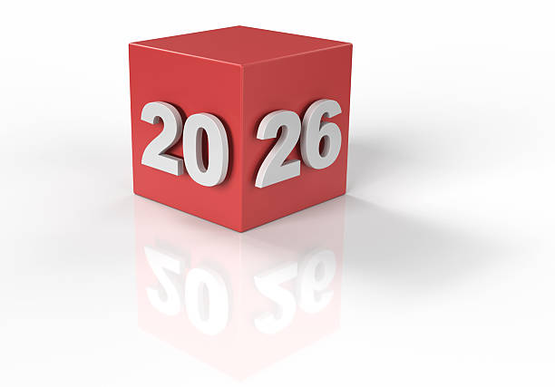 istock Three dimensional white text 2026 for New Year over creative modern shiny red 3D cube with shadow and reflection against white background for sale posters, backdrops, banners, greeting cards 2233556639