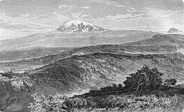 Mount Kilimanjaro with its distinctive snow-capped summit and volcanic slopes, showing the diverse ecological zones from base to peak, old vintage illustration, 1899.