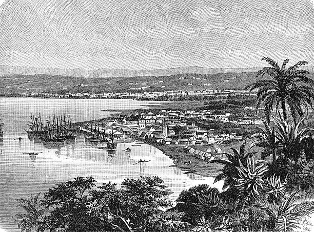 The port of Durban in Natal showing bustling maritime activity with ships, docks, and the surrounding urban landscape along the Indian Ocean coastline, old vintage illustration, 1899.