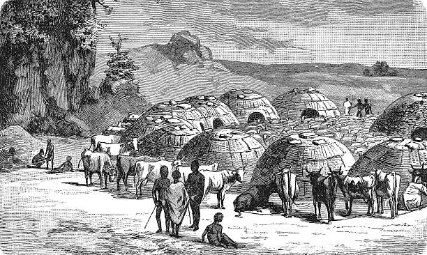 A traditional Khoikhoi village showing dome-shaped huts, community spaces, and daily activities, representing indigenous architecture and social organization in Southern Africa, old vintage illustration, 1899.