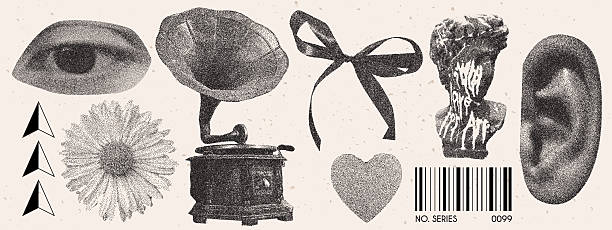 Halftone photocopy collage set. Grainy retro stickers gramophone, eye, flower, heart, bow, greek statue, ear and barcode. Dotted pop art style.