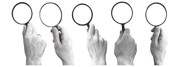 istock Modern collage set of hands hold magnifying glass. Halftone stipple effect. Dotted pop art style. 2233564995
