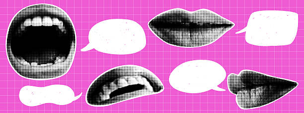 istock Set of retro style paper cut halftone mouth and lips with speech bubbles. Y2K collage design. 2233565750