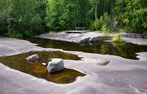 istock Tranquil forest scene with rock formations and calm water reflections, landscape with stone and trees in Zalavruga, Karelia. 2233568138