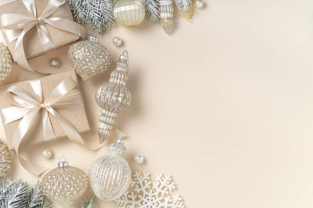 istock Luxury stylish Christmas decorations on beige background with copy space. 2233572684