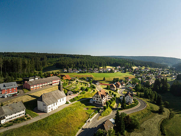 Aerial view of village in countryside at sunrise, Eisnebach, Black Forest
