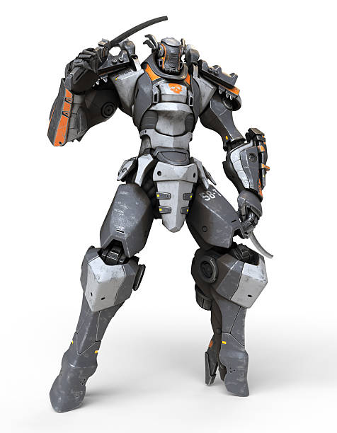 istock 3d render mech samurai warrior standing and holding two swords. Robot with a katana on his shoulder. Futuristic robot with white and gray color metal. Sci-fi Mech Battle. White background. 2233583420