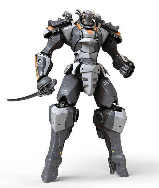 istock 3d render mech samurai warrior standing and holding katana sword in his hand. Robot hand clenched in fist. Futuristic robot with white and gray color metal. Sci-fi Mech Battle. White background 2233583421