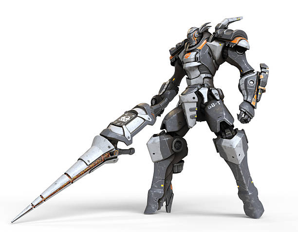 istock 3d render robot warrior with a large lance in one hand. A science-fiction mech in a standing pose. Futuristic robot with white and gray color metal. Mech Battle. Orange paint. White background 2233583422