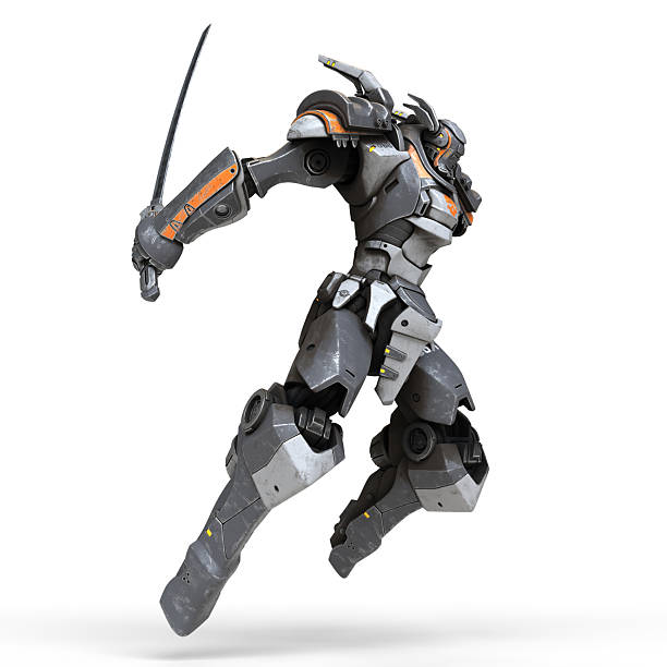istock 3d render sci-fi mech warrior jumping and attacking with katana sword. Sword in outstretched hand. Futuristic robot with white and gray color metal. Mech Battle. Orange paint. White background 2233583423