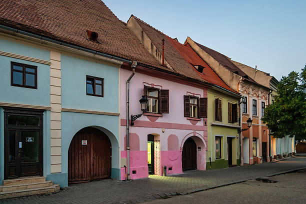 Colorful houses in downtown Medias, Transylvania, Romania.