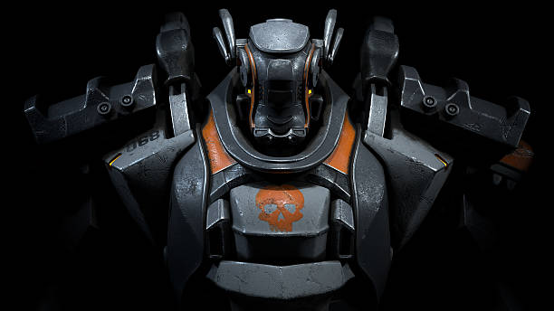 istock 3d render sci-fi mech soldier on a black background. Military futuristic robot warrior with white and gray color metal. Scratched metal armor robot. Big robot mech with orange paint. Front view. 2233584283
