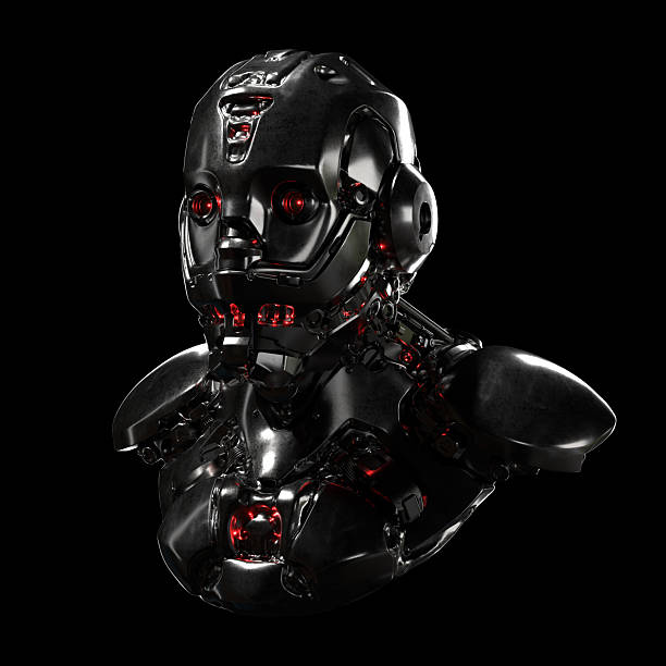istock 3d render head of cyborg with red luminous eyes. Science fiction helmet. Robot with artificial intelligence. Sci-fi robot man with artificial face. Futuristic soldier concept on a black background 2233584558