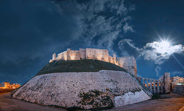 Aleppo Citadel standing tall against the night sky in Syria
