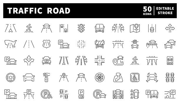 dopravní silnice vektorové ikony. balíček ikon 50 lineárních ilustrací dopravy, silniční infrastruktury a dopravních prvků. obsahuje dopravní značky, vozidla, dálnice a symboly bezpečnosti silničního provozu. - řízení auta přesun motorového vozidla stock ilustrace