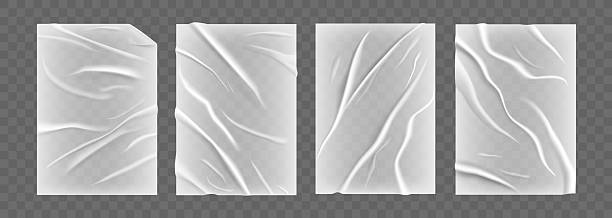 istock Glued paper. Realistic wrinkled wet transparent paper sheet texture with soft shadows and folds. Subtle blank overlay with crease for posters, flyers or design backgrounds. Vector isolated mockups 2233588401
