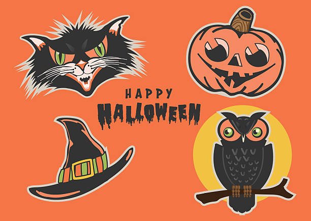 Vector illustration Set of scary vintage Happy Halloween text greeting, black cat, jack o' lantern, witch hat and owl in front of full moon on orange background. Use for Halloween party advertisement or invitation. Vector eps and high resolution jpg in download.