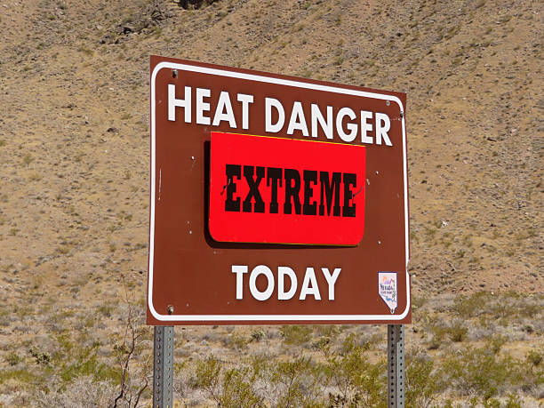 View of an extreme heat danger sign in the Nevada desert in the summer