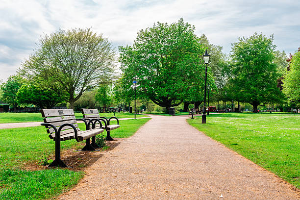 Empty benches await visitors seeking tranquility amidst lush greenery in a bedford park