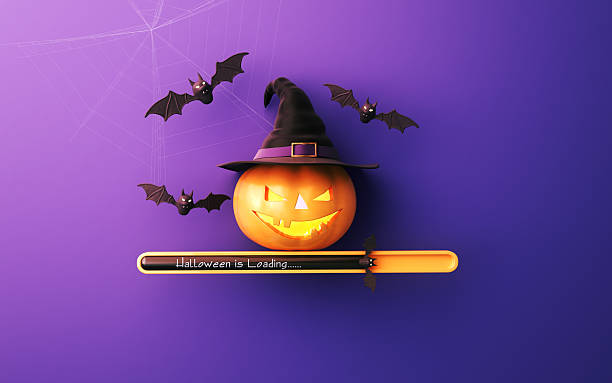 3d render Jack O' Lantern pumpkin with witch hat on purple soft background with Bats Spider Web and Happy Halloween Loading Bar, Halloween Concept