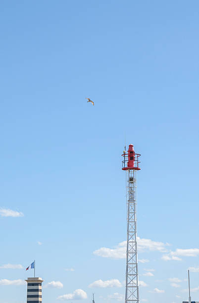 istock Red lighthouse tower standing tall against a clear blue sky with a seagull flying overhead 2233601502