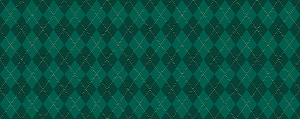 Christmas rhombus seamless pattern. Xmas plaid texture with gold line. Green argyle geometric diamond abstract pattern. Christmas design wrapping. Vector illustration isolated on green background.