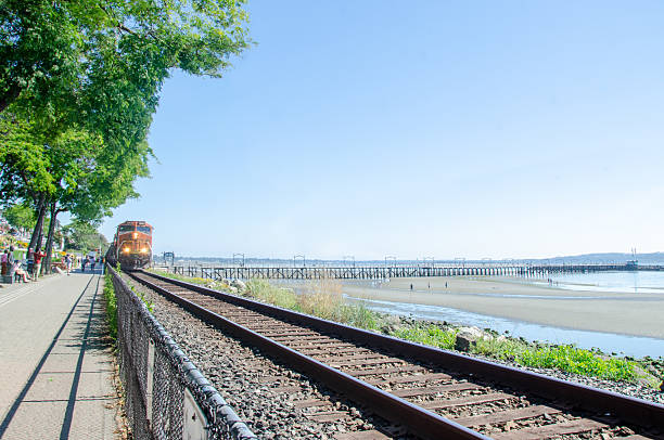 A train passing along the promenade at White Rock, Surrey, BC, Canada