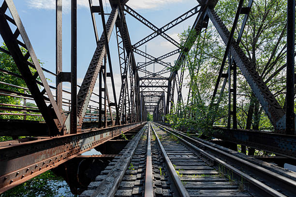 A nostalgic view of a steel railroad bridge surrounded by lush greenery and a bright sky, evoking feelings of travel, history, and tranquility. The bridge’s structure adds industrial charm.