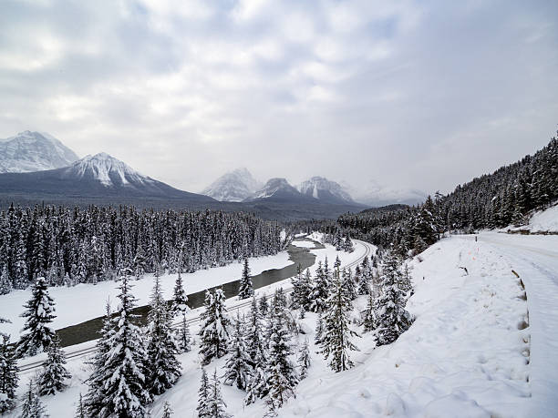 Serene winter scene showcasing a snow-covered valley, flowing river, coniferous forest, and majestic mountains beneath a cloudy sky. Ideal for themes of nature, wilderness, and seasonal beauty.